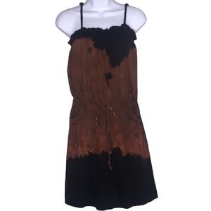 ROXY Custom Tie Dyed Boho Mini Dress Spaghetti Strap Drawstring Waist Black Rust